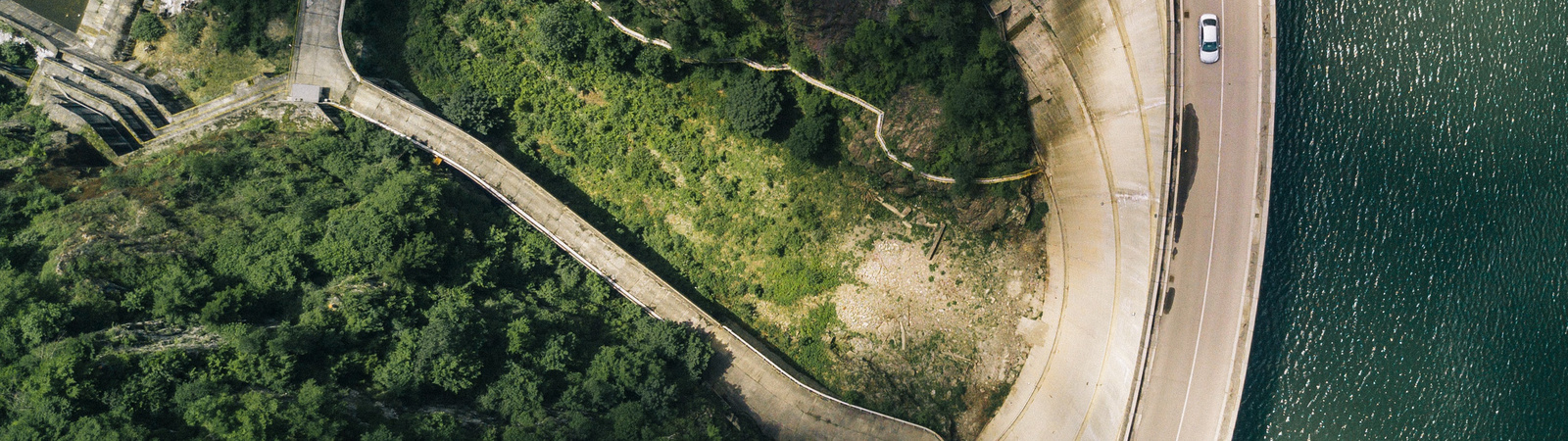 Birds eye view of green land and road