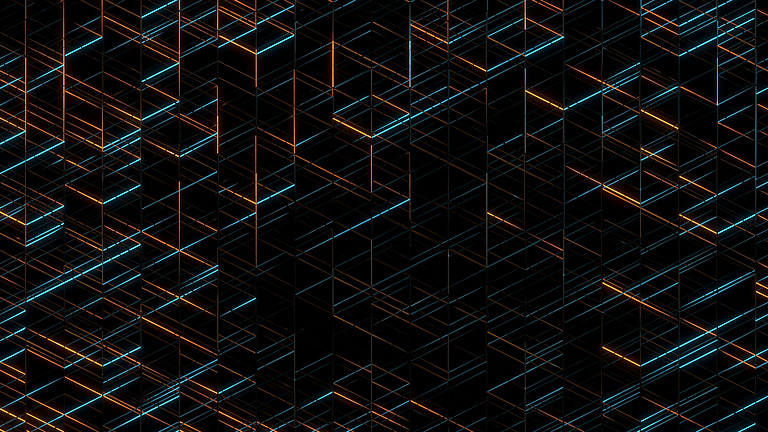 a black background with orange and blue lights