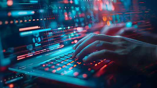 Person typing on a lit up laptop