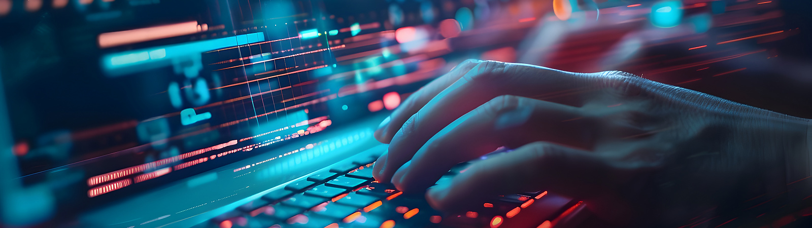 Person typing on a lit up laptop