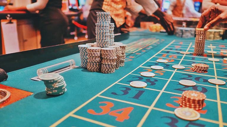 a casino table with stacks of chips