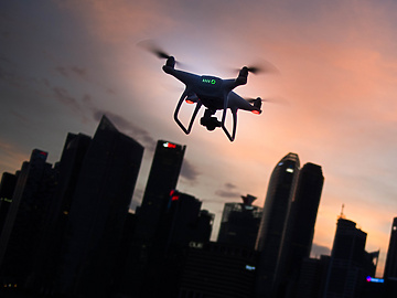 drone in front of city