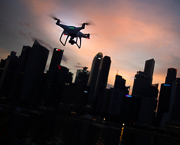 drone in front of city