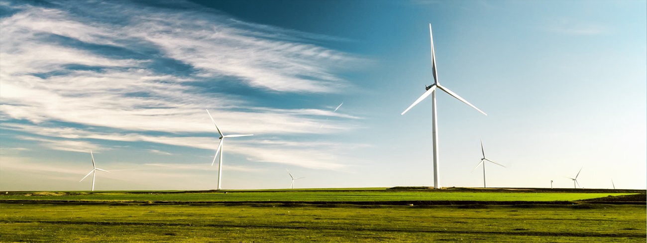 Wind turbines in field under blue sky