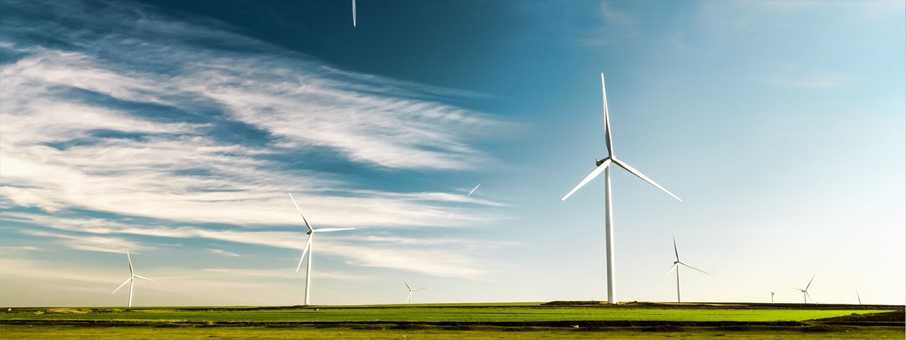 Wind turbines in field under blue sky