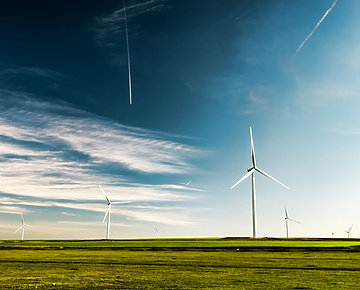 Wind turbines in field under blue sky