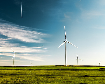 Wind turbines in field under blue sky