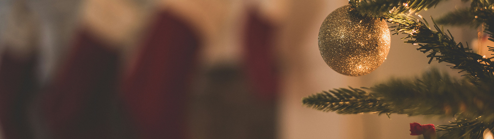 closeup of baubles on Christmas tree