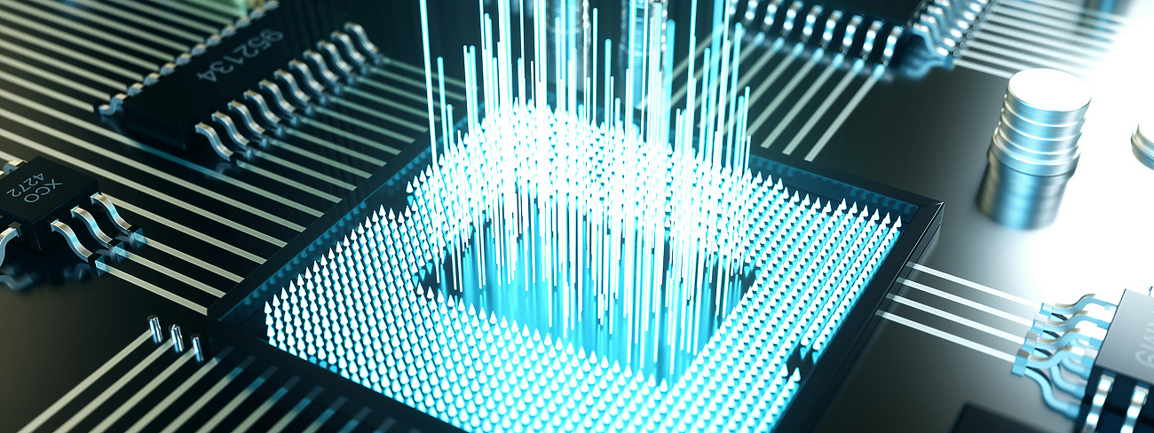 Close-up image of a microchip on a circuit board with glowing blue data streams rising from its surface, symbolizing digital data processing and advanced technology.