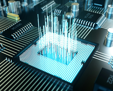 Close-up image of a microchip on a circuit board with glowing blue data streams rising from its surface, symbolizing digital data processing and advanced technology.