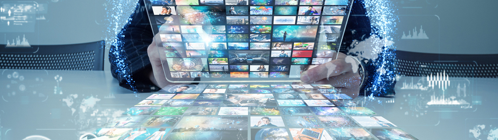 Person using immersive business interface in blurry office