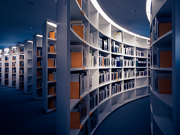 a room with shelves of books