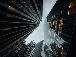 Ground view of large buildings in London