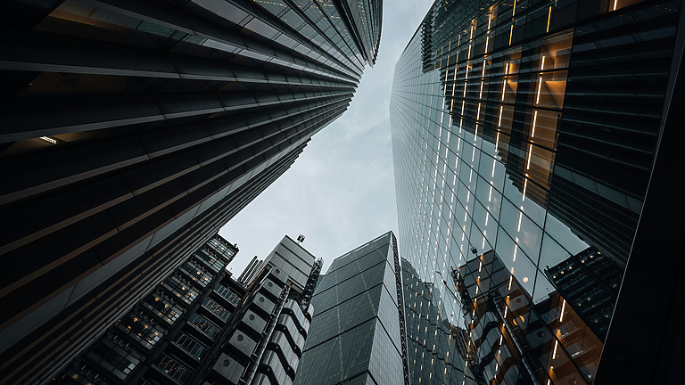 Ground view of large buildings in London