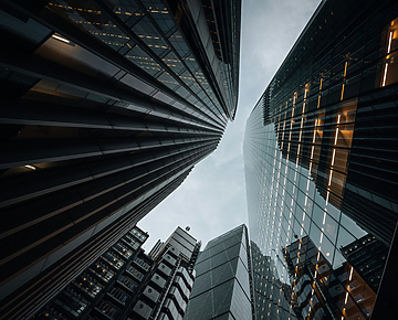 Ground view of large buildings in London