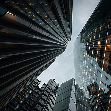 Ground view of large buildings in London