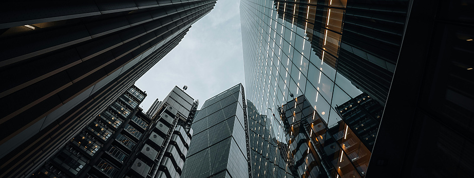 Ground view of large buildings in London