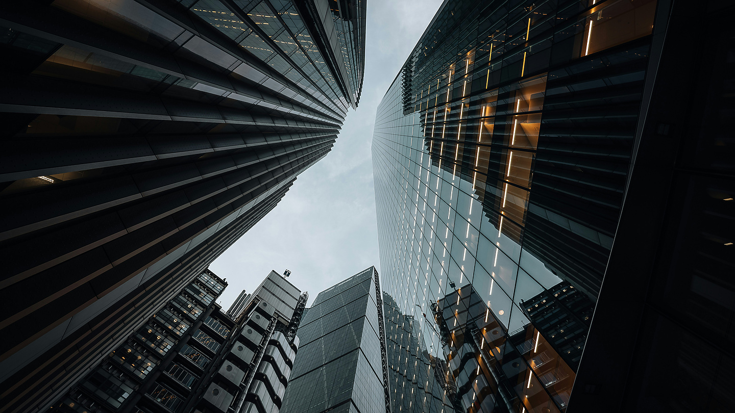Ground view of large buildings in London