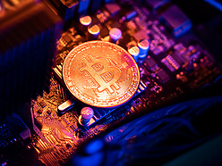 Bitcoin Cryptocurrency coin on a PC computer motherboard, crypto currency mining concept