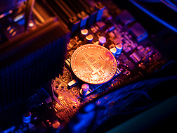 Bitcoin Cryptocurrency coin on a PC computer motherboard, crypto currency mining concept