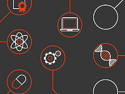 a black background with white circles and red circles with icons