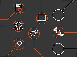 a black background with white circles and red circles with icons