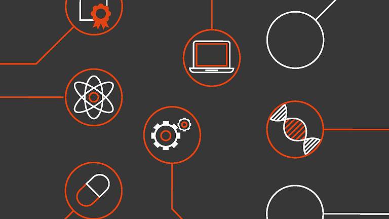 a black background with white circles and red circles with icons