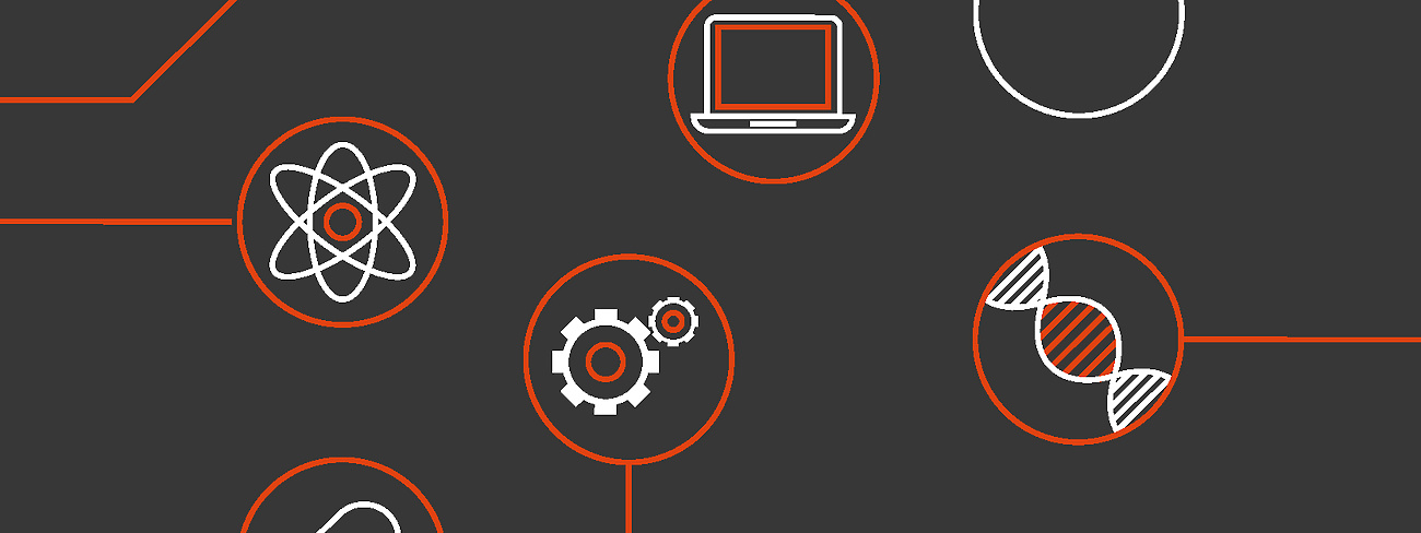 a black background with white circles and red circles with icons