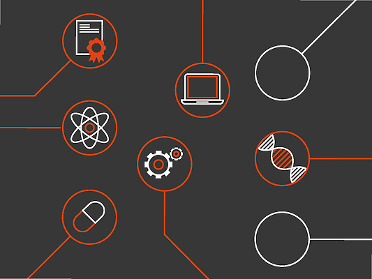 a black background with white circles and red circles with icons