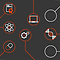 a black background with white circles and red circles with icons