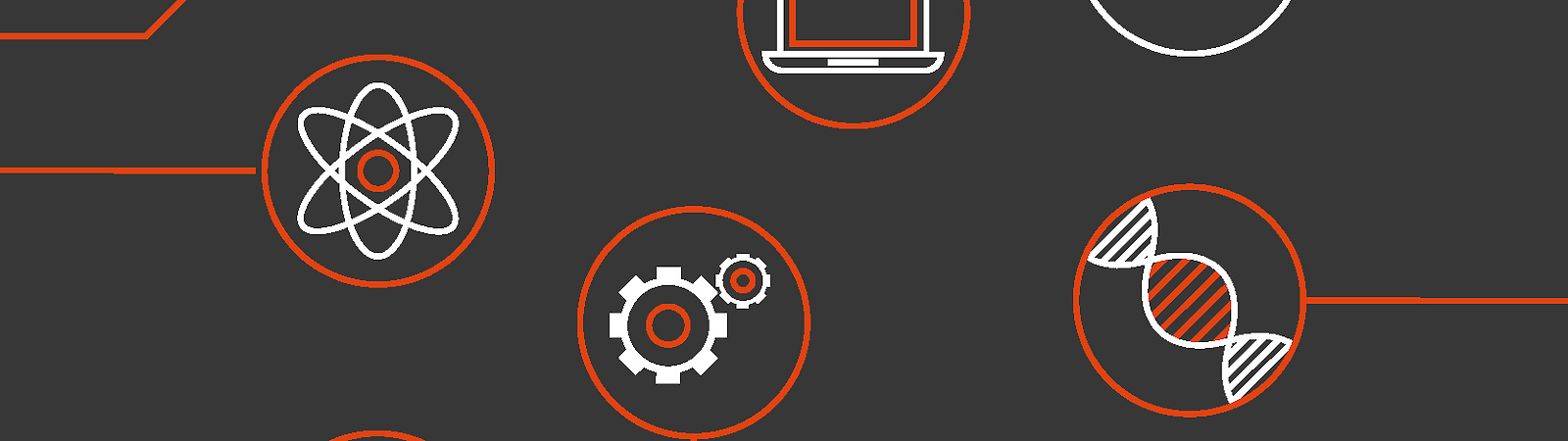 a black background with white circles and red circles with icons