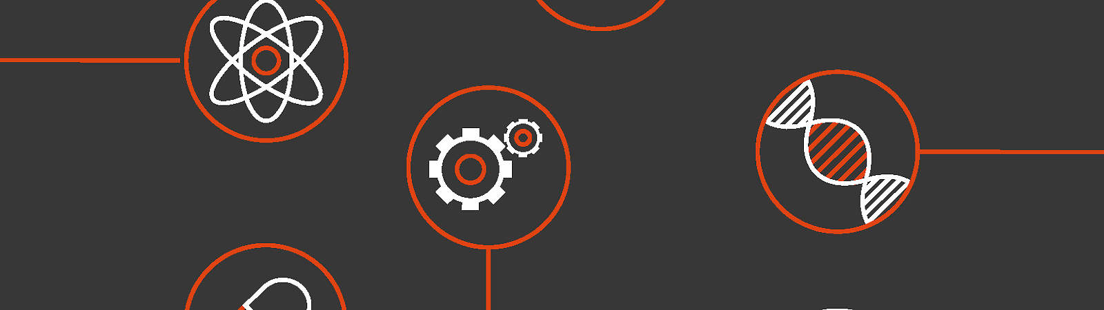 a black background with white circles and red circles with icons