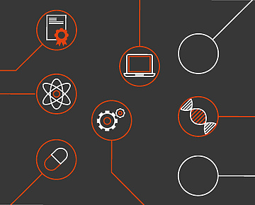 a black background with white circles and red circles with icons