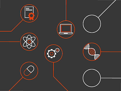 a black background with white circles and red circles with icons