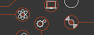 a black background with white circles and red circles with icons