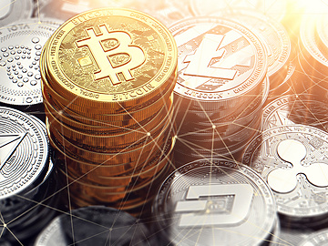 Stacked gold bitcoins