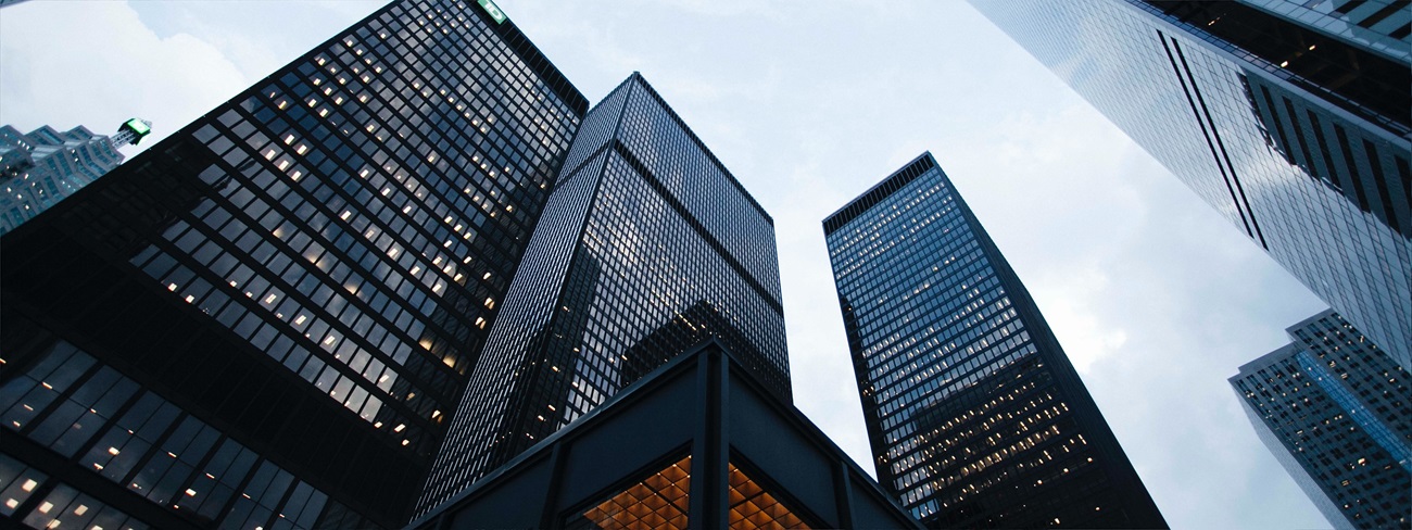 view of city skyscrapers from ground