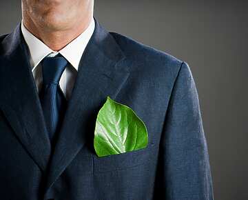 a person in a suit with a leaf in his pocket