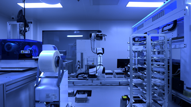 Science lab lit in blue