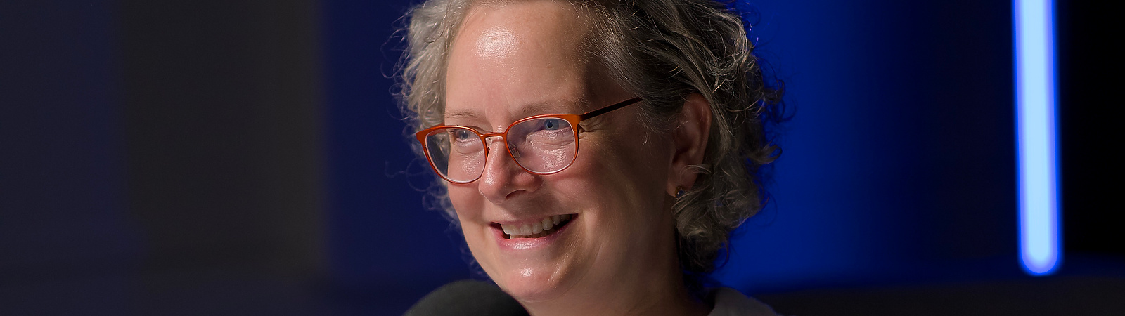 a person sitting at a table with a microphone