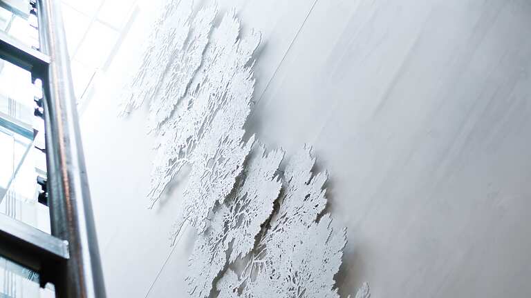 a white wall with trees on it