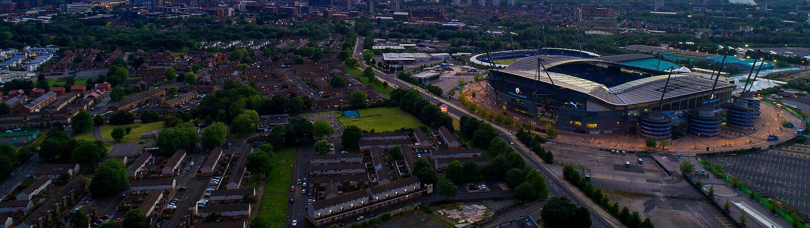 Aerial view of Manchester including the Etihad Stadium
