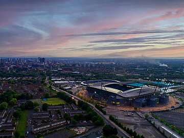 Aerial view of Manchester including the Etihad Stadium