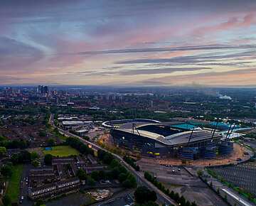 Aerial view of Manchester including the Etihad Stadium