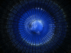 A circular, tunnel-like structure with a glowing blue center resembling Earth, surrounded by dark, radial grid patterns that create a sense of depth and perspective.
