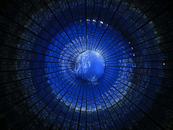 A circular, tunnel-like structure with a glowing blue center resembling Earth, surrounded by dark, radial grid patterns that create a sense of depth and perspective.