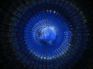 A circular, tunnel-like structure with a glowing blue center resembling Earth, surrounded by dark, radial grid patterns that create a sense of depth and perspective.