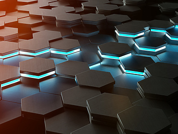 a group of hexagons with blue lights