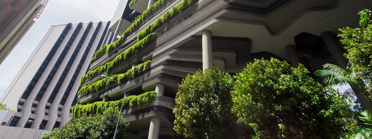 Green building on a city street