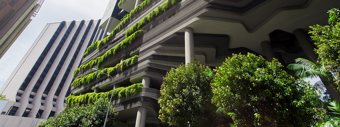 Green building on a city street